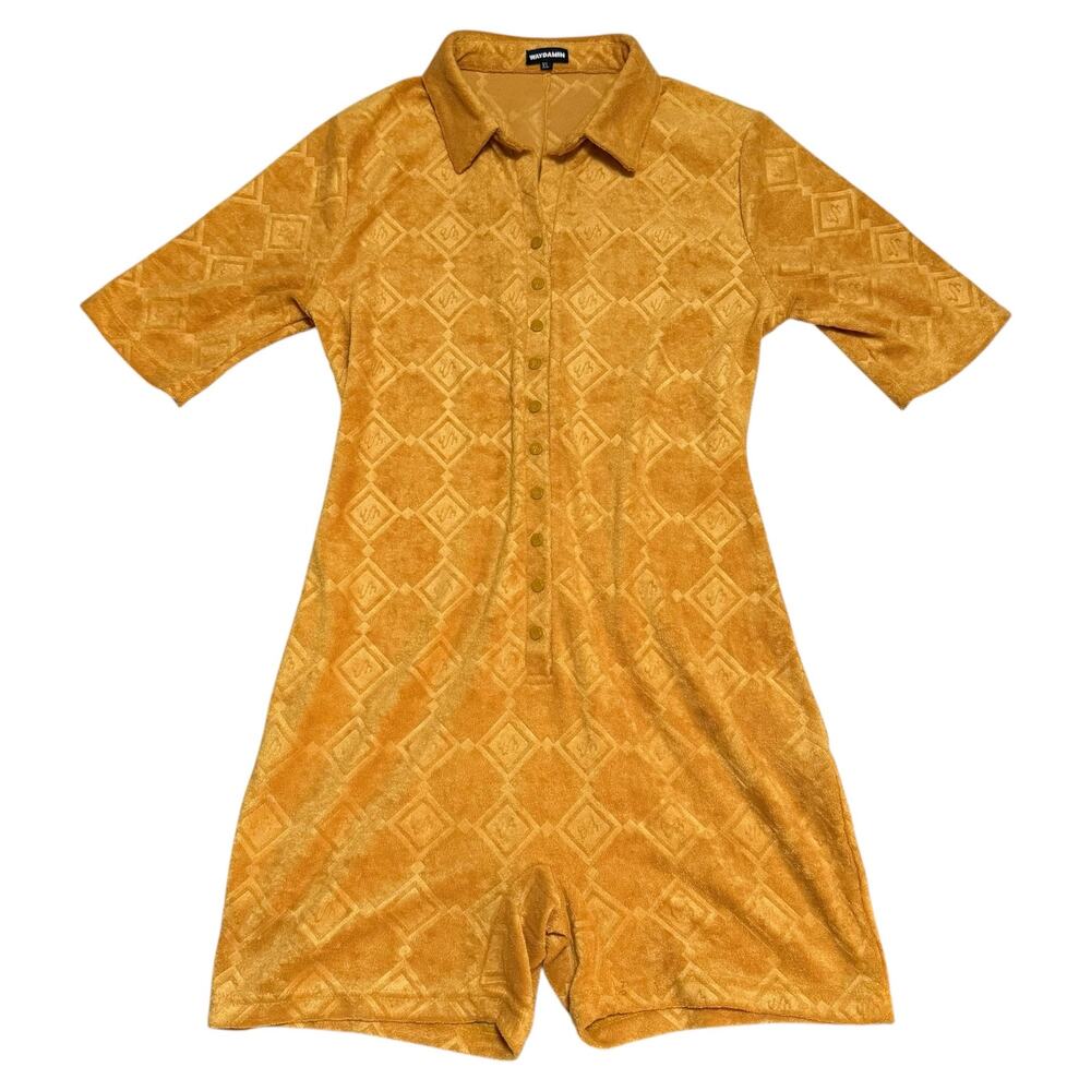 Waydamin Terry Cloth Romper Short Sleeve Textured Beach Gold Yellow Size XL